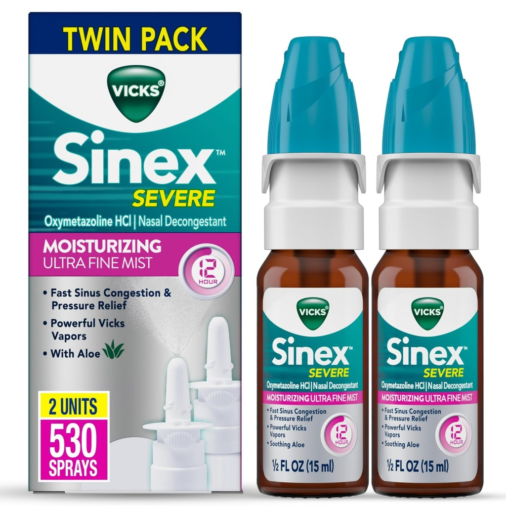 Vicks Sinex Severe Nasal Spray, Moisturizing Ultra Fine Mist med Aloe, Decongestant Medicine, Relief från Stuffy Nose På grund av kall eller allergi, Nasal Congestion & Sinus Pressure Relief, 265 Sprays x 2