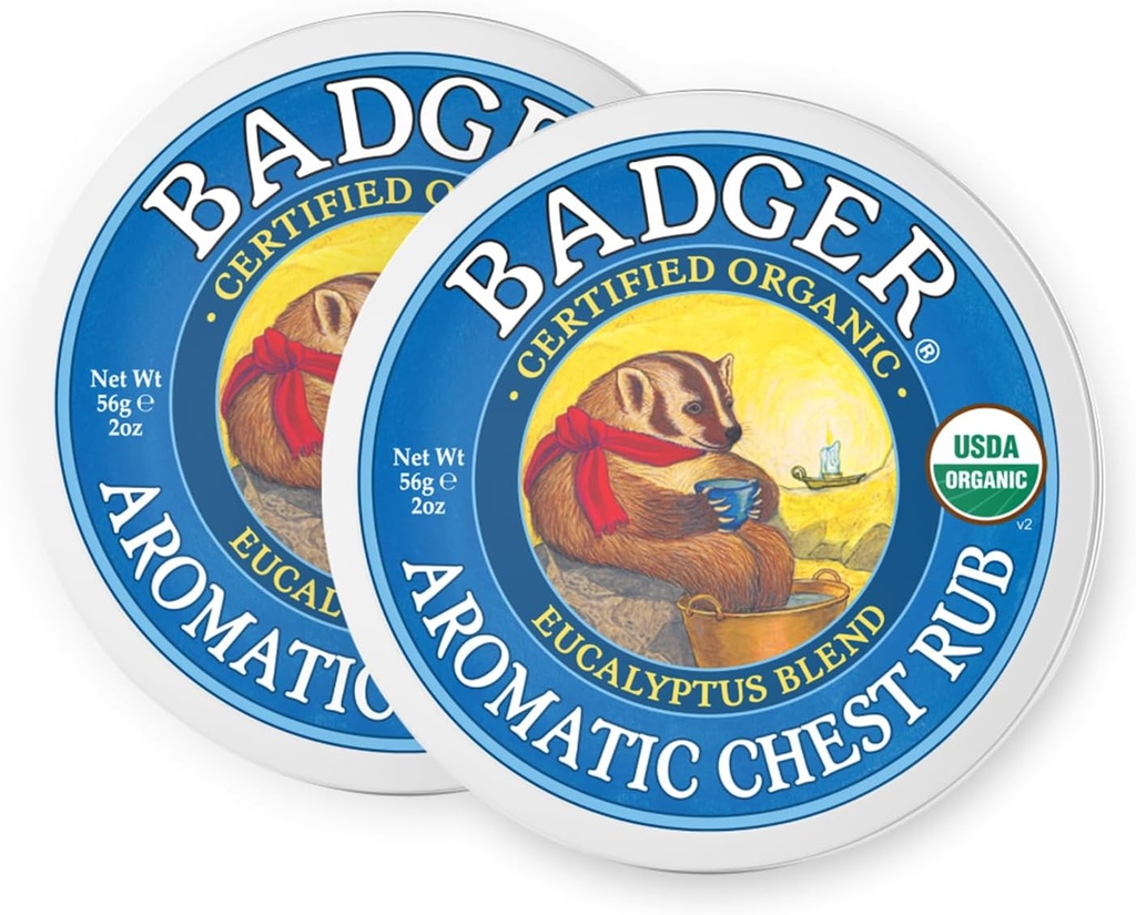 Badger Aromatic Chest Rub, 100% Organic Vaporub w / Eucalyptus & Lavender Essential Oils till Clear & Soothe, All-Natural Chest Congestion Relief för vuxna och barn, 2 oz Tin, 2-Pack
