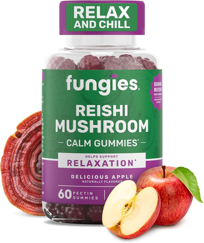 Fungies Reishi Mushroom Gummies, Utsökt Apple smak - Mushroom Herbal Supplement Gummy för vuxna stöder immunhälsa, avkoppling och hälsosam åldrande - Calming Gummies för sömn - 60 portioner