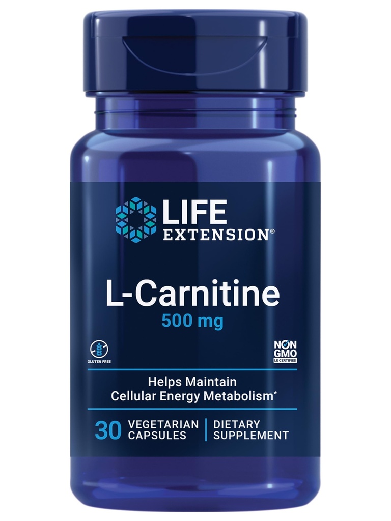 Livslängd L-karnitin - 500 mg, energitillskott, minnestillskott - Gratis formaminosyra, kväveoxidstöd, hälsosamt blodtryck - Glutenfri, icke-GMO, vegetarian - 30 kapslar
