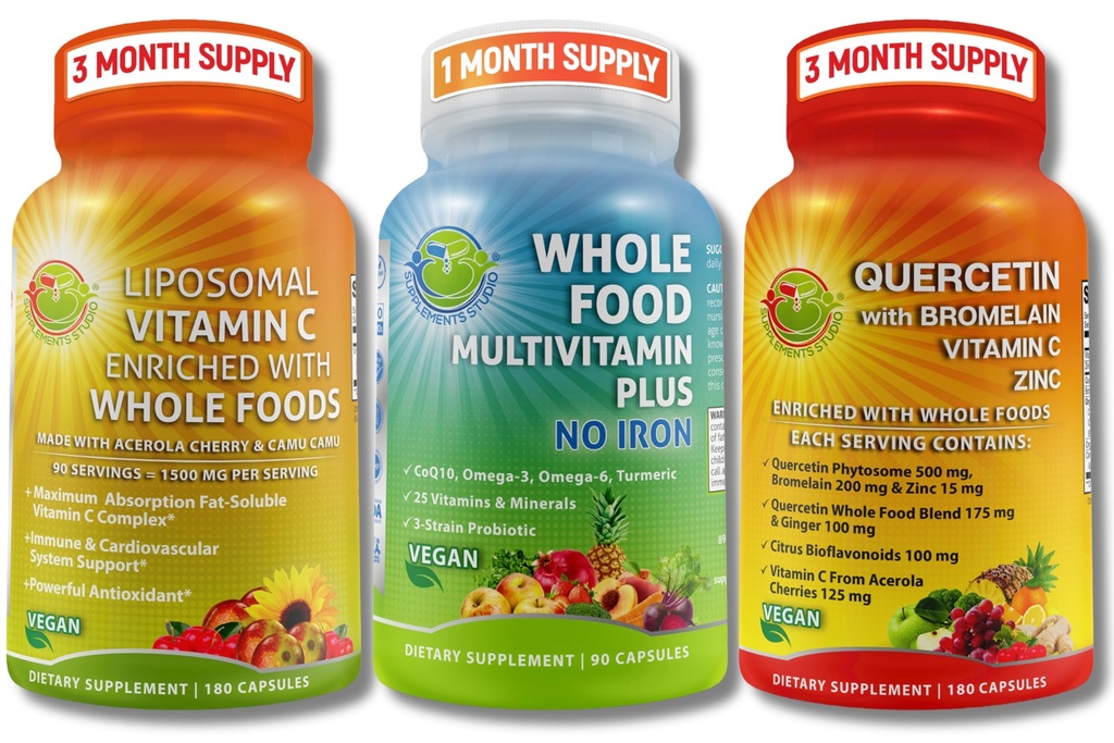 Vegan Immune & Antioxidant Support Bundle - Liposomal Vitamin C 1500mg med Organic Acerola & Camu Camu + Quercetin 500mg med Bromelain, Zink & Vitamin C + Vegan Whole Food Multivitamin utan järn