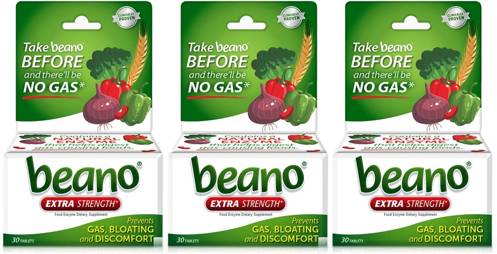 Beano Extra Strength, Digestive Enzyme Supplement, Prevents Gas, Bloating and Discomfort (Packaging May Vary) 30 Count Varje (Pack of 3)