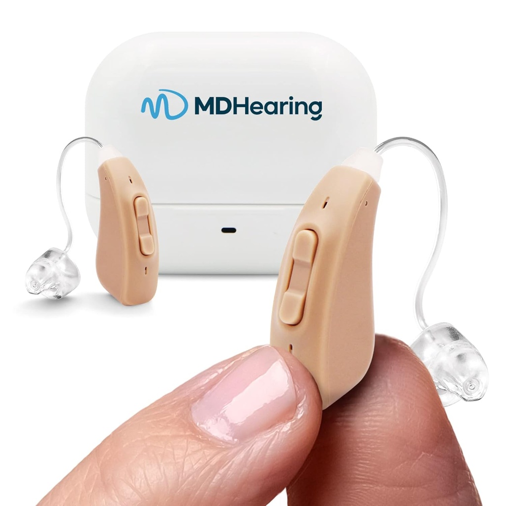 MDHearingAid AIR Hearing Aid (Pair), OTC Rechargeable, Crystal-clear Digital Sound av MDHearing, perfekt för glasögon, nästan osynlig