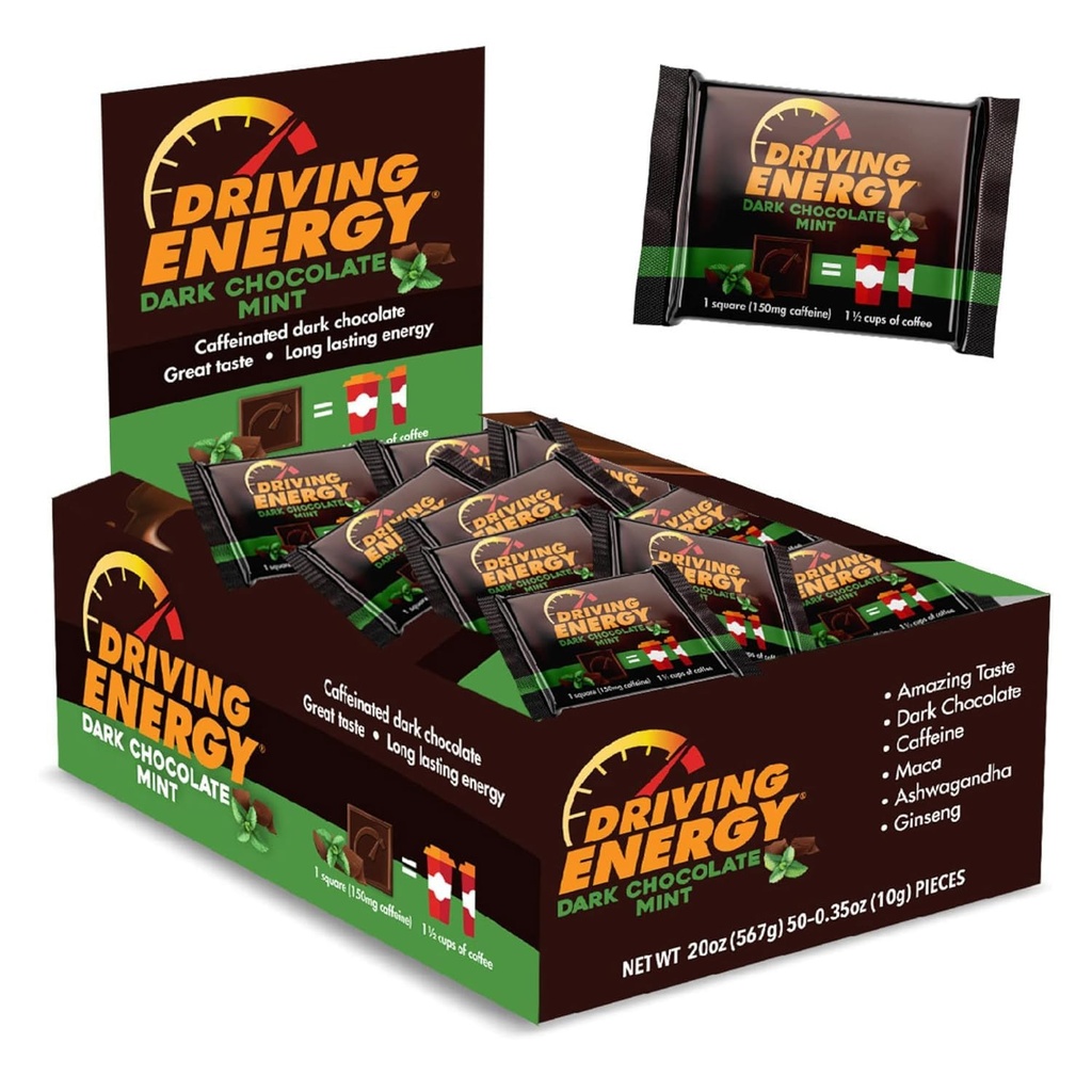 Driving Energy - Caffeinated Energy Bite Size - Dark Chocolate Mint Energy Fuel med 150mg Koffein - Långvarig energi för gym, träning, vuxna - Stor smak - Låg Carb - Hälsosam Snack - 50 Count
