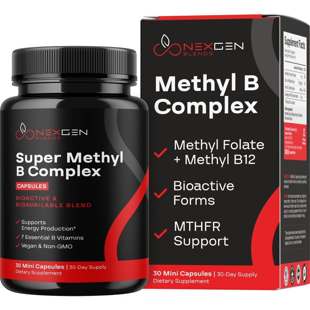Methylated B Complex Vitamin Supplement - Bioactive Methyl B Complex med 5-MTHF Methyl Folate & B12 Methylcobalamin för hjärnhjärt energi & Homocysteine Support - Super Vitamin B Complex (30 räknas)