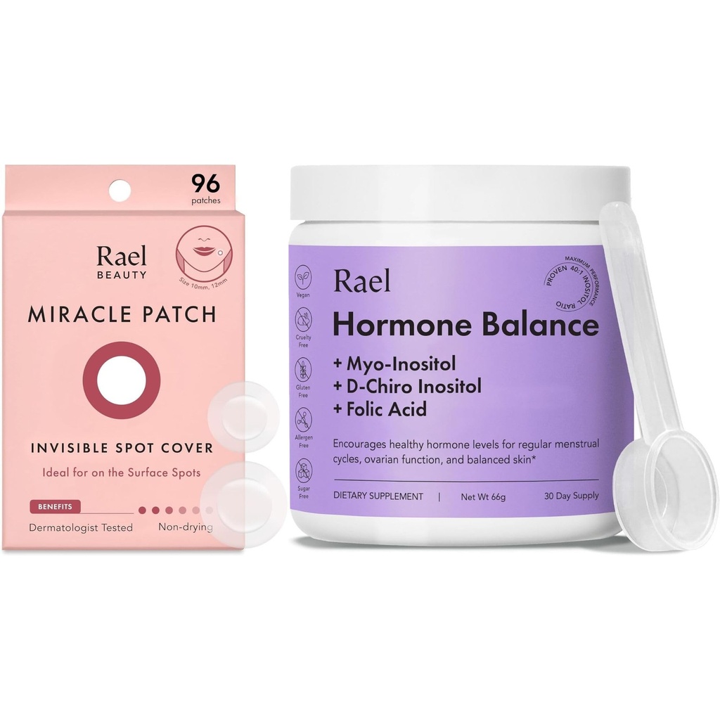 Rael Bundle - Invisible Spot Cover Pimple Patches (96 Count) och Hormone Balance Supplement för kvinnor, fertilitet och äggstocksstöd (30 dagars leverans)