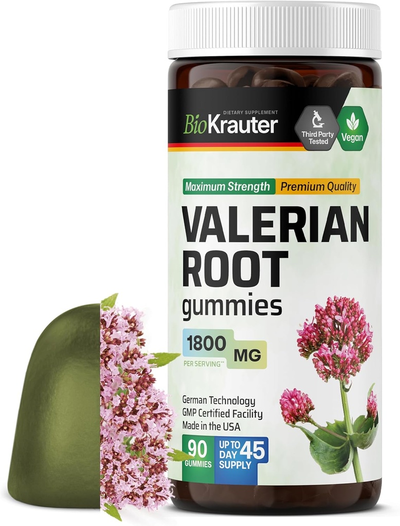 BIO KRAUTER Valerian Root Gummies - 1800 mg Styrka - 90 Vegan Chews - No Melatonin - Stödavlaxering och lugn - Valerian Root Extract