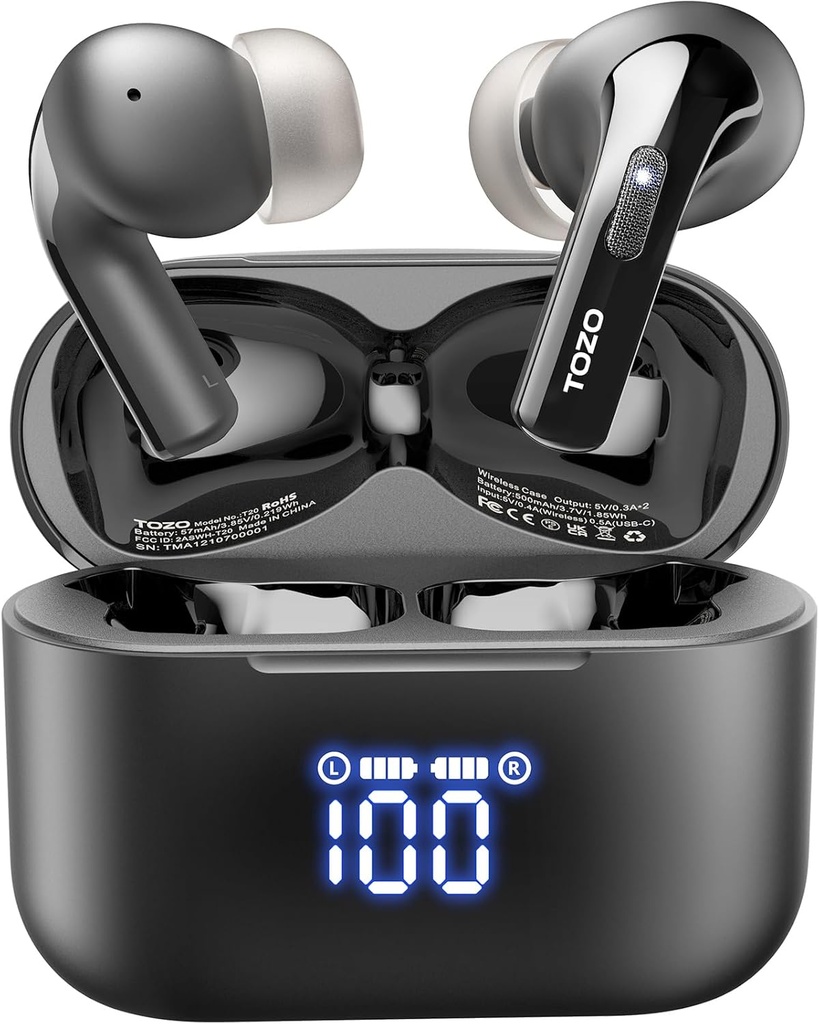TOZO T20 Trådlösa öronproppar Bluetooth-hörlurar 48,5 Hrs Playtime med LED Digital Display, IPX8 Waterproof, Dual Mic Call Noise Avbrytande 10mm Broad Range-högtalare med trådlös laddningsfodral