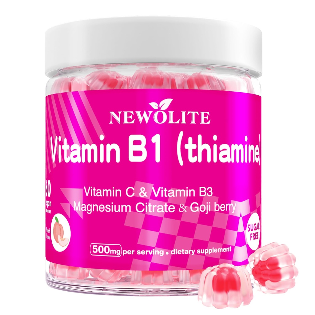 Vitamin B1 Gummies Chewable Thiamine 500mg & Vitamin B3 & Vitamin C,Sugar Free - Non GMO,Vegan,Natural Peach Flavor - Thiamine B1 Supplement för vuxna och barn