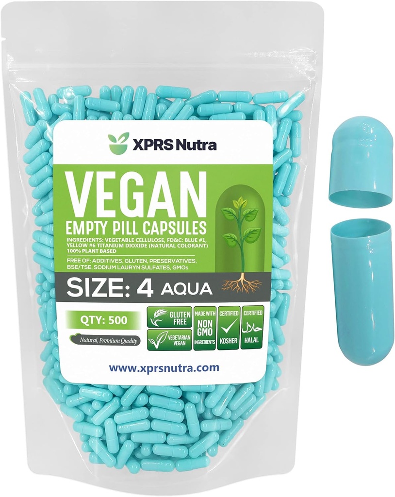 XPRS Nutra Size 4 Tomma kapslar - 500 greve små tomma veganska kapslar - DIY Vegetable Capsule Fyllning - Fyllbar Do-It-Yourself Veggie Pill Caps for Supplements (Aqua)
