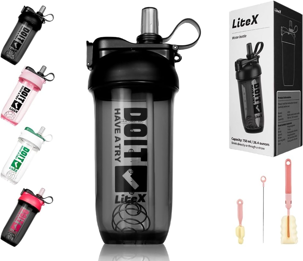 Litex Shaker Bottles för Protein Shakes, 26oz Blender Shaker Bottle för Pre-Workout, Shaker Cups med Straw, BPA-fria Tritan Mixer Bottles för Protein Powder, med Cup Brush och Instruktioner (Black)