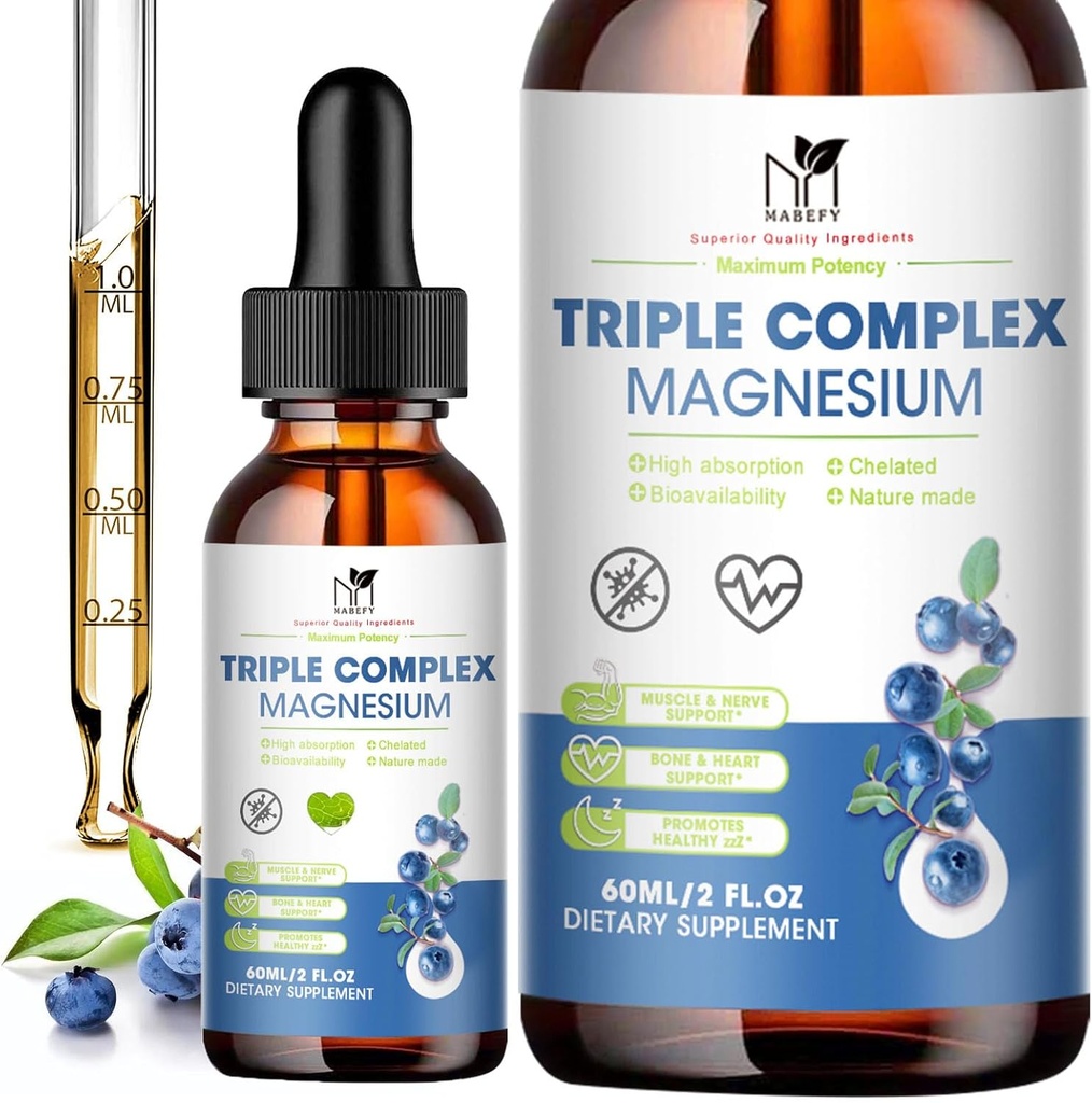 Magnesium Glycinate Liquid Drops Komplex Supplement med Taurate, Malate for Calm, Leg Cramps, Energy | Sugar-Free och Natural Vegan Magnesium, Blueberry Flavor