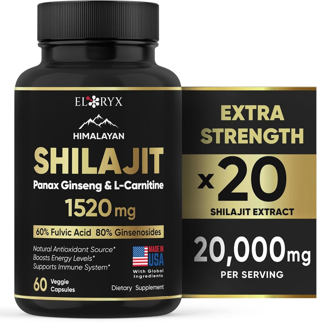 Himalaya Shilajit Supplement, 60 kapslar, Extract Powder, 60% Fulvic Acid, 85 + Trace Minerals, Energy & Immune Support Shilajit för Män & Kvinnor, Alternativ till Authentic Resin eller Pills USA Made