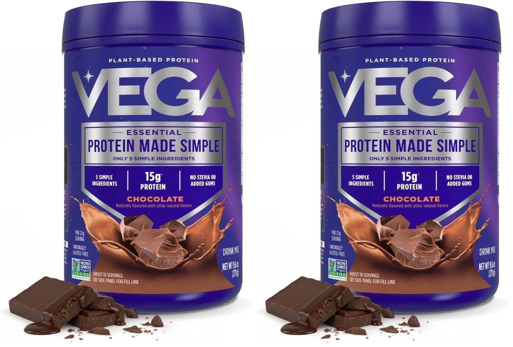 Vega Protein Made Simple, Dark Chocolate - Stevia Free Vegan Protein Powder, Plant Based, Healthy, Gluten Free, Pea Protein för kvinnor och män, 9.6 oz (Packaging May Vary) (Pack of 2)