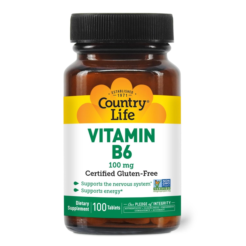 Country Life Vitamin B-6, Stöder Energi och Nervous System, 100mg, 100 Vegan Capsules, Certified Gluten Free, Certified Vegan, Certified Halal, Non-GMO Verified
