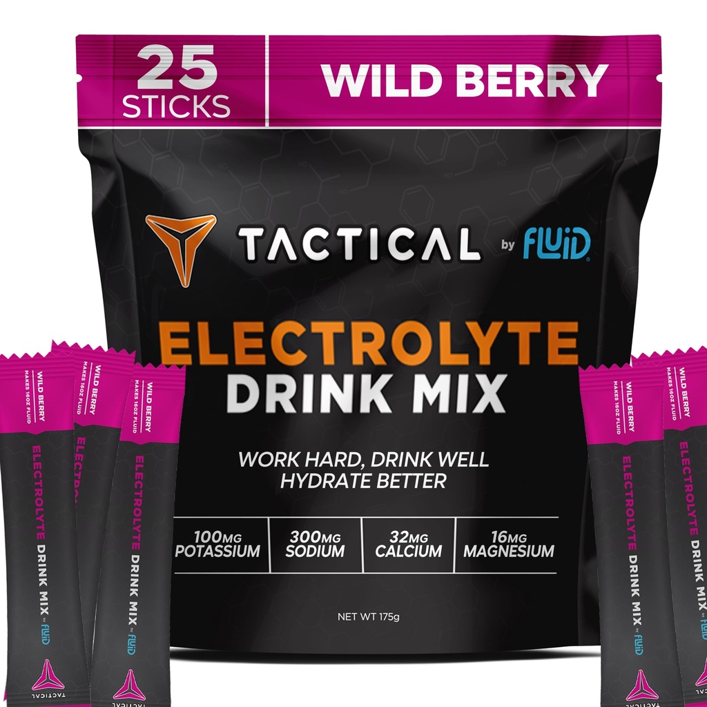Fluid Tactical - Electrolyte Powder Packets, Accelerate Re-Hydration, Low Sugar, Electrolyte Drink Mix, förebygga uttorkning, eliminera kramper