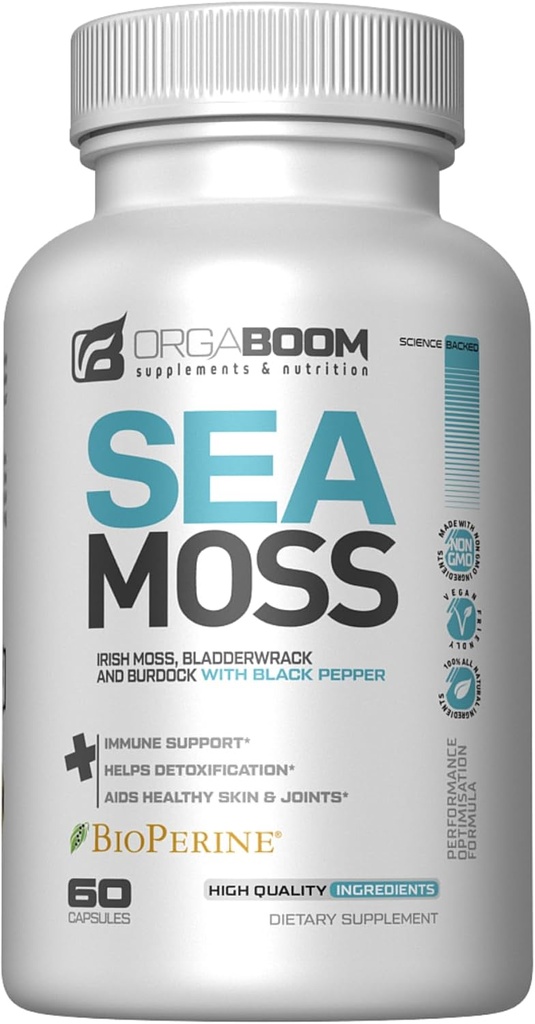 Sea Moss Capsules Irish Sea Moss Supplement med Organic Burdock Root, Bladderwrack & Black Pepper | Boost Energy, Detox & Immune Support | Non-GMO, Vegan | Made in USA - 60 Count