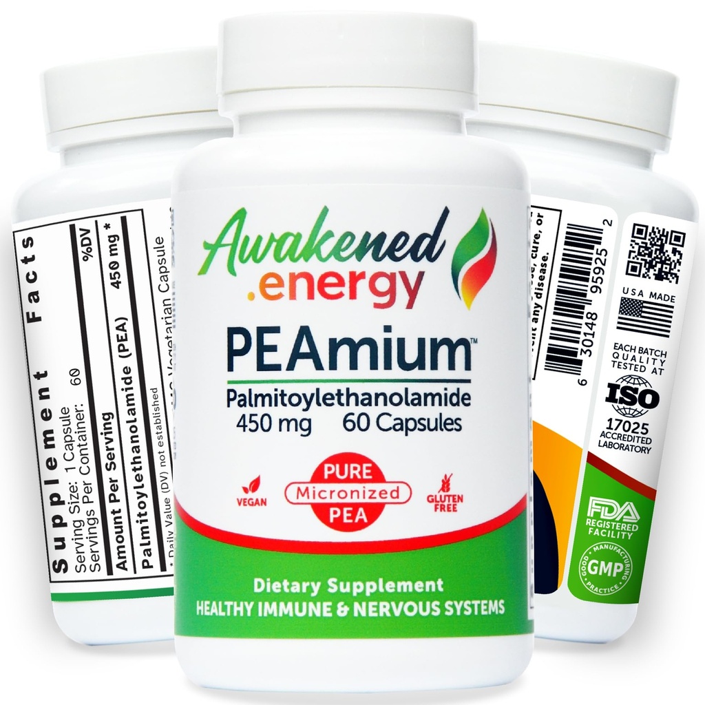 Palmitoylethanolamide 450mg Comfort Mobility Nerves Cognitive & Immune Support - Micronized High Absorption - All Natural Pea - USA Made - No Additives or Excipients – 60 Vegan Capsules Supplement