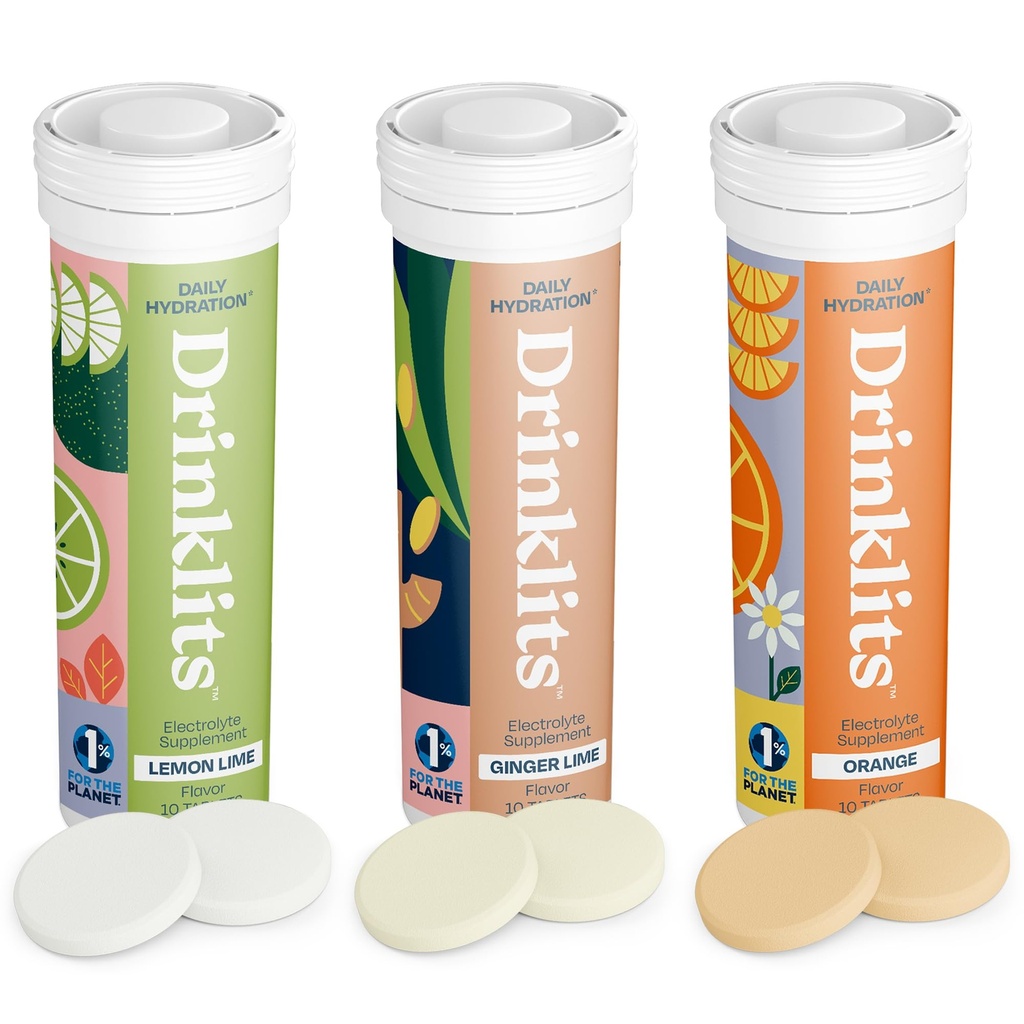 Drinklits Daily Hydration Variety Pack (3) Tube Bundle | Ginger-Lime + Lemon-Lime + Orange | Electrolyte tabletter - 0g Sugar - Stor smak | 30 portioner - 10 tabletter Per Tube