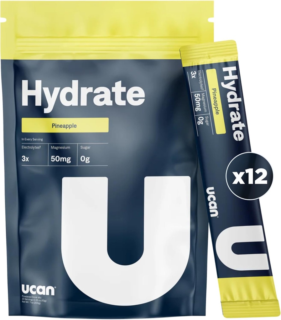 UCAN Hydrate Electrolyte Drink Mix (Pineapple, 12 Stickpacks) Sugar-Free, Keto-Friendly, Vegan, Non-GMO, Gluten-Free Electrolyte Powder med kalium & Magnesium för löpare & idrottare