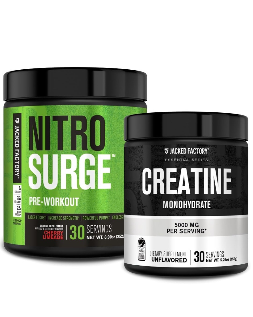 Jacked Factory NITROSURGE Pre Workout Supplement (Cherry Limeade) Kreatinmonohydratpulver (150 g) för muskeltillväxt, ökad styrka, förbättrad energi