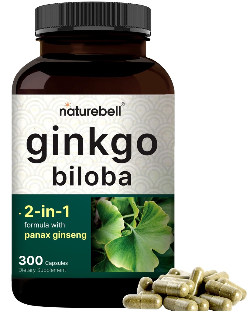 NatureBell Ginkgo Biloba 6.000mg med Panax Ginseng 500mg Per Servering | 300 kapslar - Max Strength Ginko Biloba Extract Supplements - främjar minne, fokus och hjärnhälsa