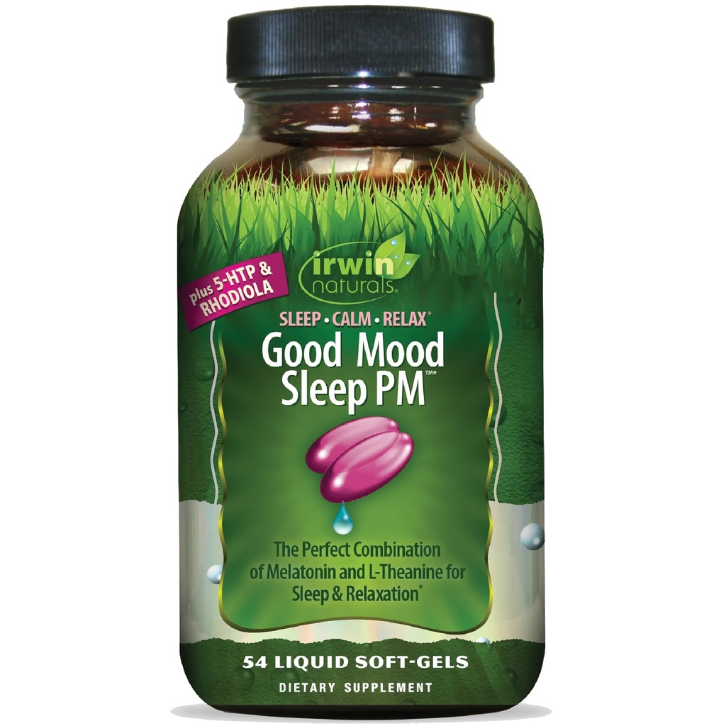Irwin Naturals Good Mood Sleep PM - 54 Liquid Softgels - med Melatonin och L-Theanine för rest och avkoppling - 18 Totala portioner