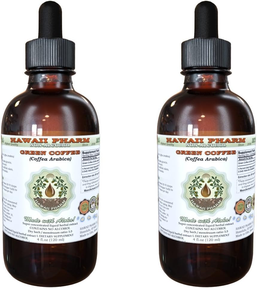 Green Coffee Alcohol-Free Liquid Extract, Green Coffee (Coffea Arabica) Torkade Bean Glycerite Hawaii Pharm Natural Herbal Supplement 2x2 oz
