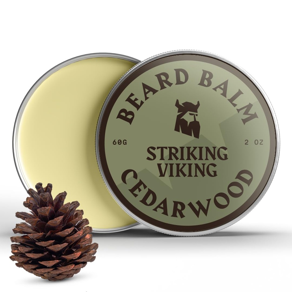 Strejkande Viking Beard Balm för män - Lämna i skägg Conditioner - Styling Balm Made med naturligt härledda skägg smör, Argan & Jojoba oljor (2 Ounce (Pack of 1), Cedar Scent)
