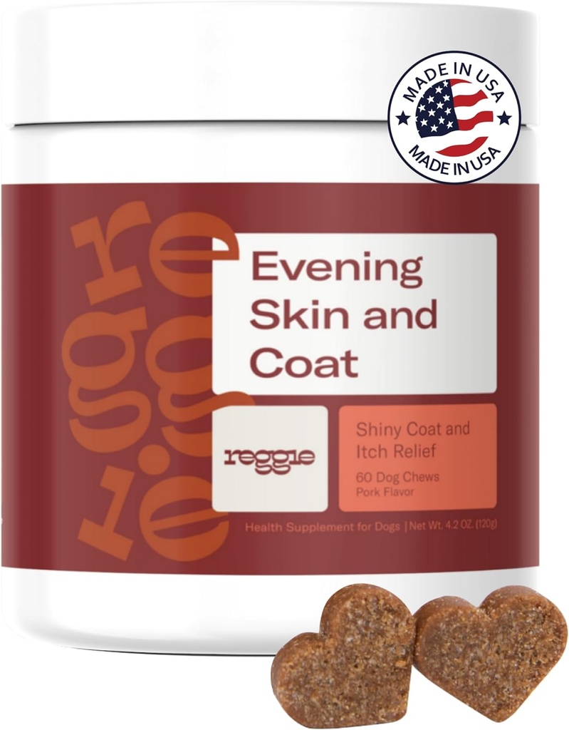 Reggie Skin & Coat Supplements for Dogs | Omega-3 Fish Oil & Vitamin E för Itchy Skin Relief, Shedding & Shiny Coat | Natural Dog Skin & Coat Chews | Vet-Approved & Made in USA | 60 Soft Chews