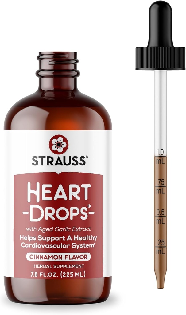 Strauss Naturals Heart Drops - Natural Mistletoe & Aged Garlic Extract Heart Health Supplement - hjälper till att upprätthålla hälsosamt kardiovaskulärt system - Vegan & Non-GMO - Cinnamon Flavored - 225 ml flaska