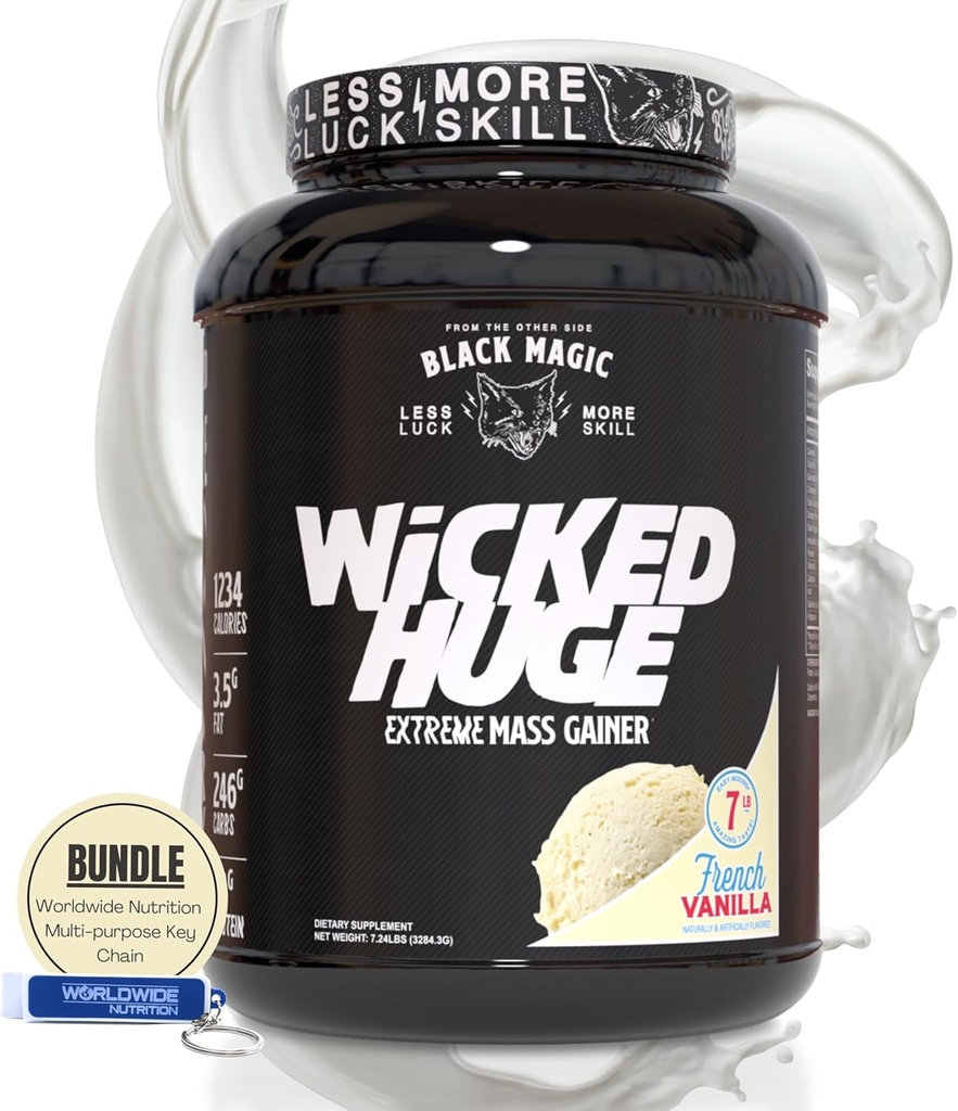 Worldwide Nutrition Bundle Kompatibel med Black Magic Wicked Huge - Mass Gainer French Vanilla Flavor för Muscle Support and Recovery, 7.24 LBS Protein Powder Supplement med Keychain