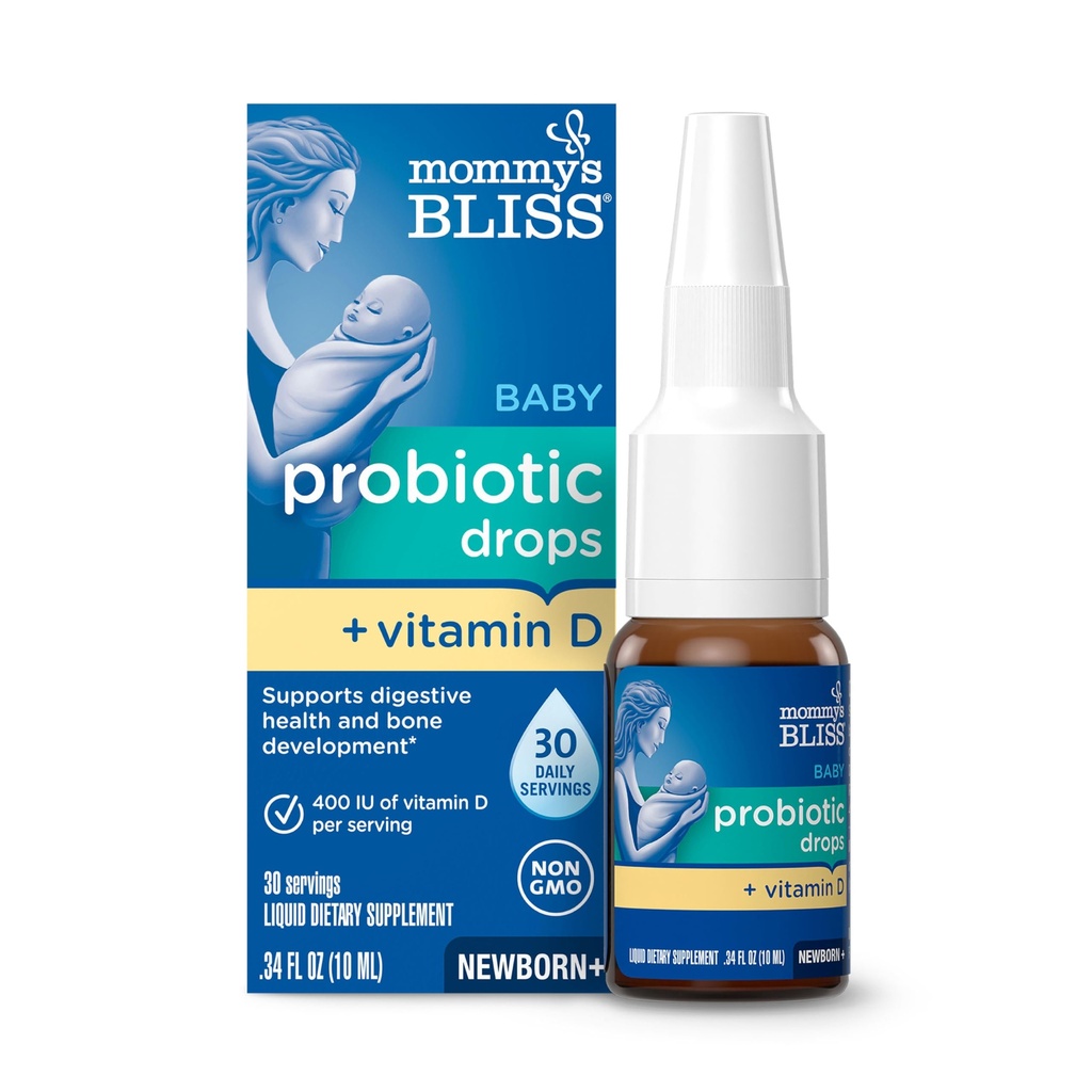 Mommy's Bliss Baby Probiotics + Vitamin D Drops, stöder Digestive Health & Immune Function *, 400IU Vitamin D, stöder benutveckling *, nyfödda +, smaklösa, 0,34 Fl Oz (30 portioner)