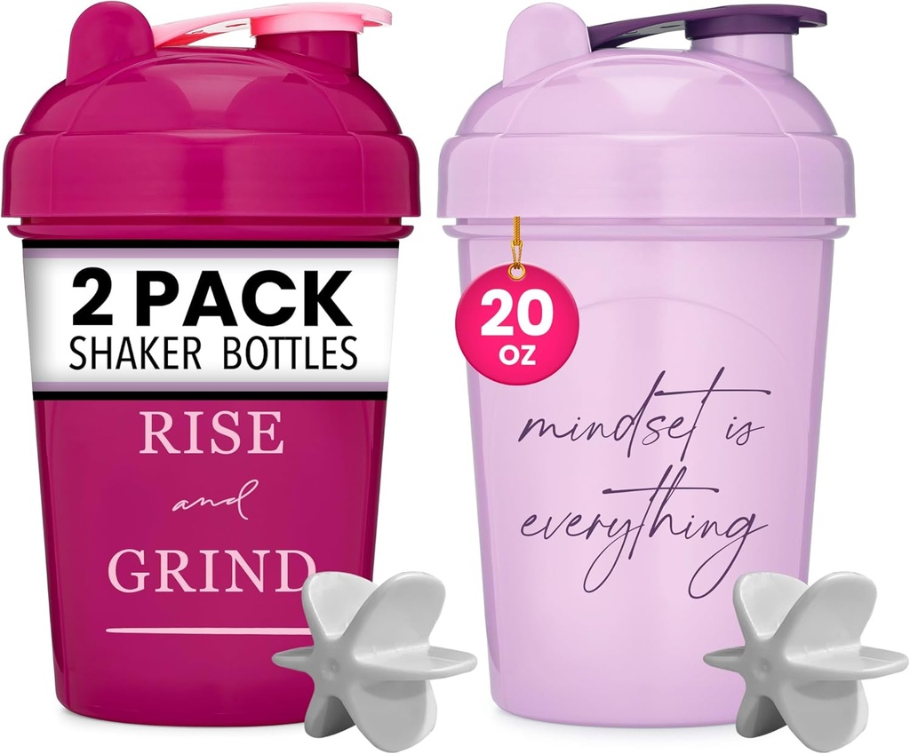 GOMOYO [2 Pack] 20oz Shaker Bottle med motiverande citat (Raspberry & Lavender) | Protein Bottle med Mixer Agitators | Blender Shaker Bottle för Protein Mixes Pack är BPA Free och Dishwasher Safe