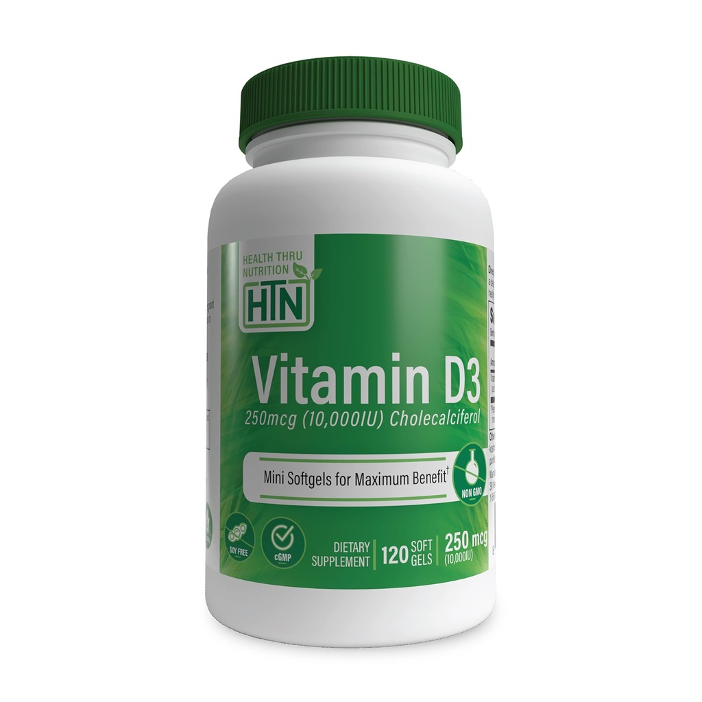 Health Thru Nutrition Vitamin D3 10,000iu 120 Mini Softgels for Maximum Benefit | 250mcg Cholecalciferol | 3rd Party Tested | Non-GMO USP Grade in Organic EVOO | Immune Health Support