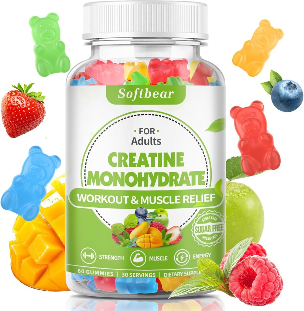 Softbear 5000mg Kreatin Monohydrat Gummies för Män Kvinnor, Vegan Kreatin HCL Supplement Pre Workout Gummies för muskelbyggare Strength Mixed Smak 60 Count