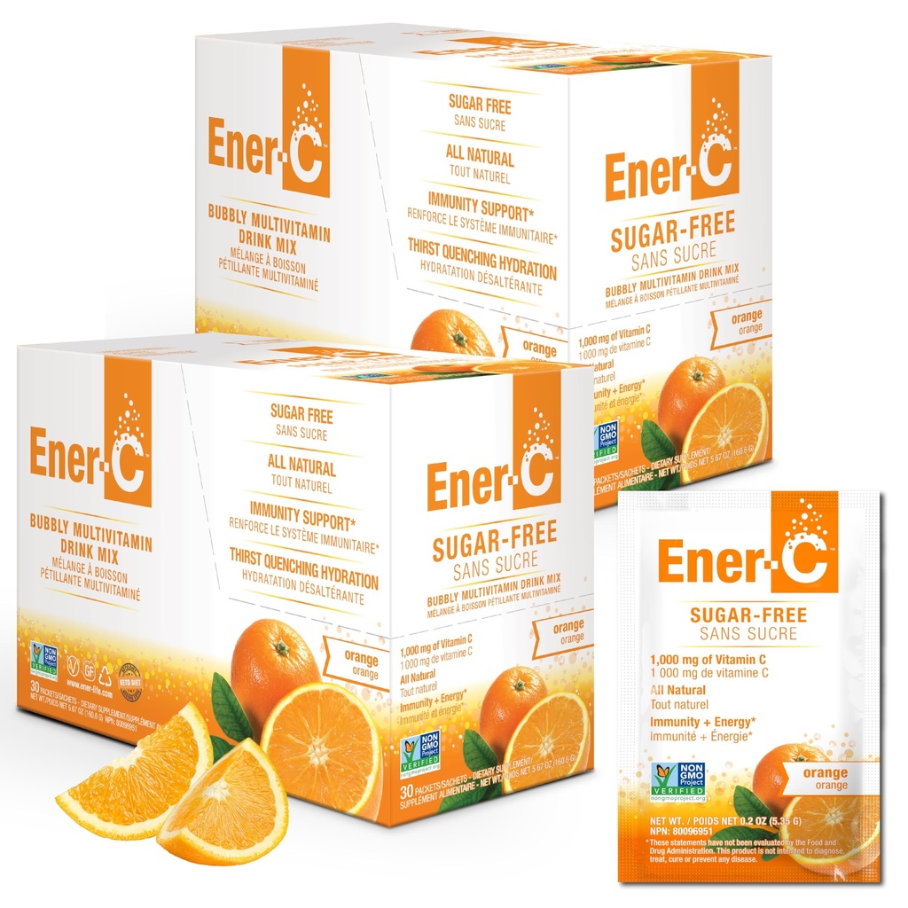 Ener-C Sugar Free Energy Orange Multivitamin Drink Mix Vitamin C 1000mg & Electrolytes - Natural Immunity Support med riktiga fruktjuicepulver Non-GMO Vegan & Gluten Free - 60 Count