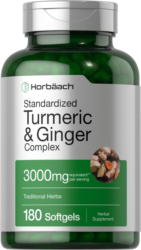 Horbäach Turmeric och Ginger Supplement | 3000 mg 180 Softgel Pills | med Black Pepper Extract | Non-GMO, Gluten Free Supplement
