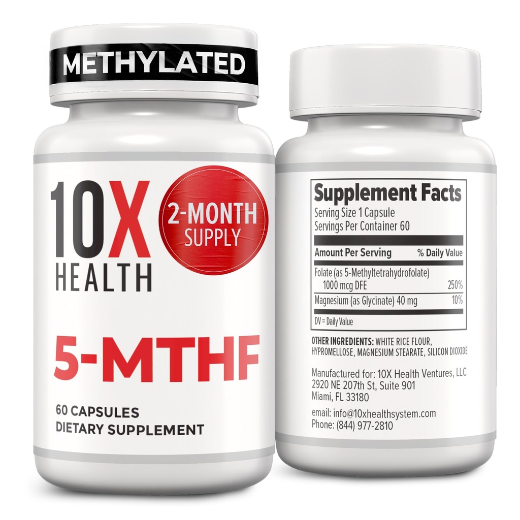 10X Health 5-MTHF Methylfolate - Methylated Folate & Magnesium för hjärna, hjärthälsa, DNA & neurotransmittor Synthesis - Bioavailable Methyl Folate Supplement - Methylfolate Supplement 60 Capsules