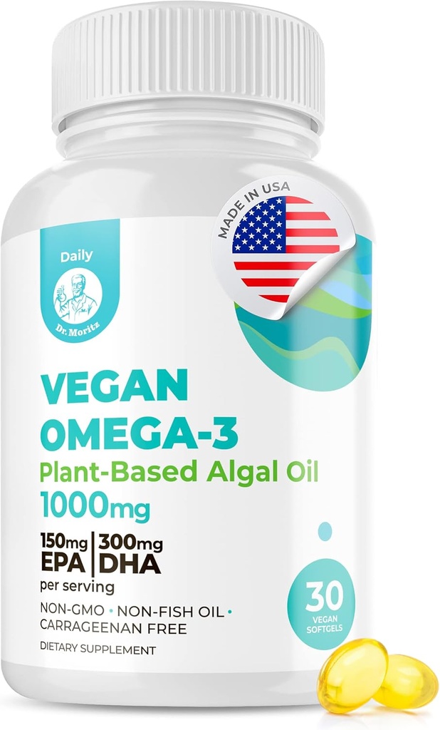 MORITZ Vegan Omega-3 Softgels för vuxna och barn, tillverkad av Algae Oil med DHA EPA, Small Algae Omega 3 Supplements, Vegan, 30 Count