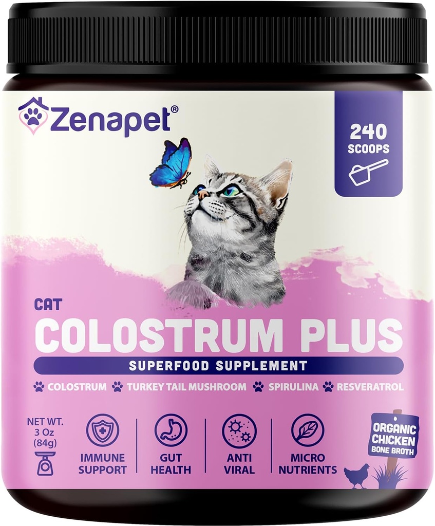 ZENAPET Cat Colostrum Plus Premium Powder Topper, Immune & Digestive Health Supplement, 240 Servings (8-Month Supply), Supports Skin & Coat, Made in USA