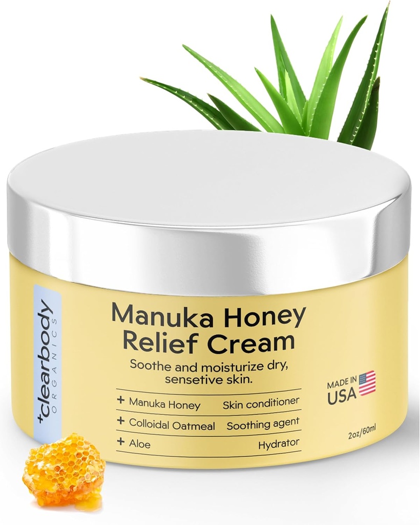 Clearbody Organics Manuka Honey Cream - 2 fl oz, Pack of 1 - Soothing Eczema Cream - Djup Hydration med kolloidal havregryn - Instant Manuka Relief för torr, Itchy Skin