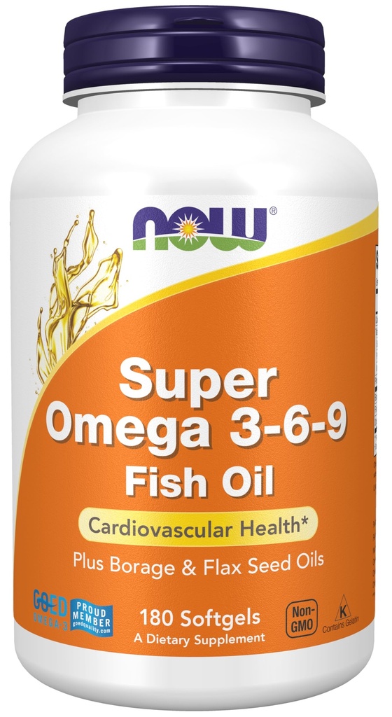 Nu livsmedelstillskott, Super Omega 3-6-9 1200 mg med en blandning av fisk, Borage och linfröoljor, 180 Softgels