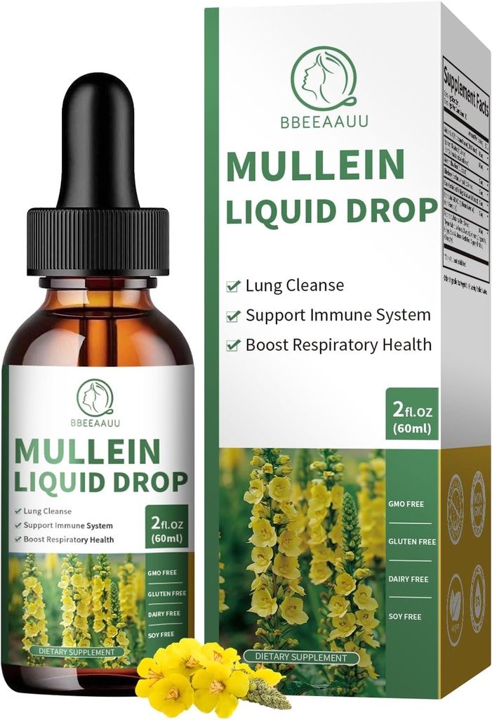 Mullein Drops för Lungs, 16-i-1 Mullein Leaf Extract för Lung Cleanse, Respiratory, Immunity, med Quercetin, Marshmallow, Black Cumin Seed, Elderberry, Mullein Liquid, Non-GMO, 2 Fl Oz