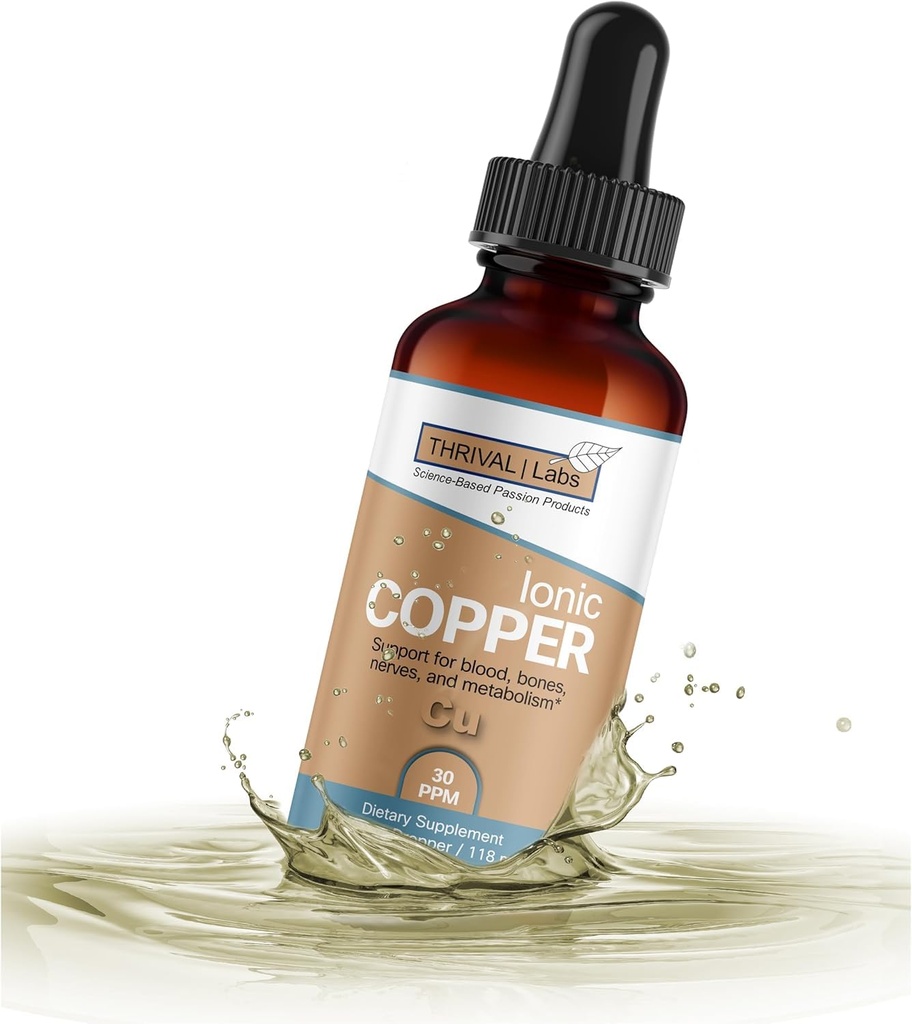 Ionic Copper Drops (30 PPM) - Pure Liquid Supplement for Hair, Skin, Nails & Bone Health - Bioavailable Copper for Energy, Wellness & Joint Support - 4oz (Glass Dropper Bottle)