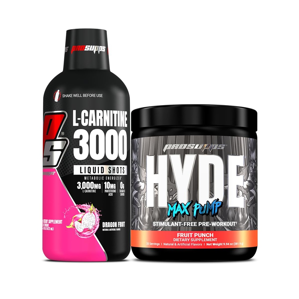 PROSUPPS L-Carnitine 3000 Stimulant Free Liquid Shots (Dragon Fruit) och Hyde Max Pump Pre Workout för män och kvinnor (Fruit Punch) Bundle
