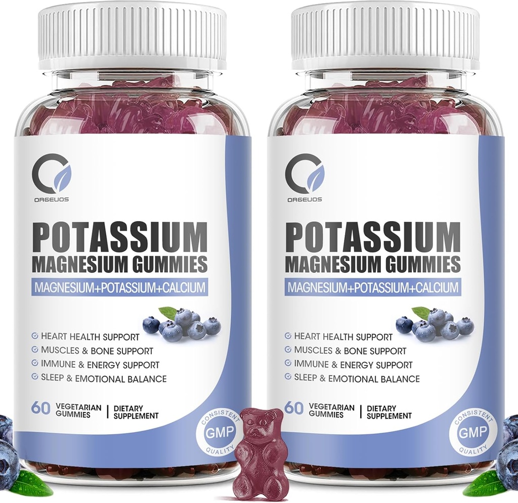2 Pack Kalium Magnesium Gummies med kalium Ctrate 200 mg, Magnesium Glycinate 320 mg Plus Calcium, Zink, Vitamin - Kaliumtillskott för Leg Cramps, Hjärta, Muscles Health Support