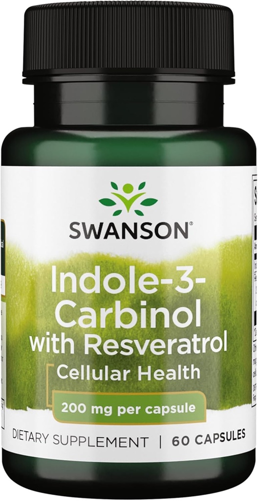 Swanson Indole-3-Carbinol med Resveratrol - I3C Supplement Promoting Cellular Protection - Naturligt tillskott för att hjälpa till att upprätthålla hälsosam hormonbalans - (60 kapslar, 200 mg vardera)