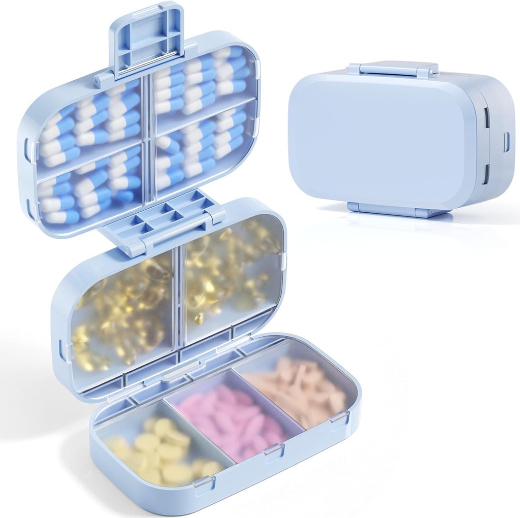 MEACOLIA Triple Folding Pill Organizer, 9 Compartments Travel Pill Case med stor kapacitet, Daily Pill Box Small Pill Container för Vitamin, Cod Liver Oil, Tillskott (Blå)