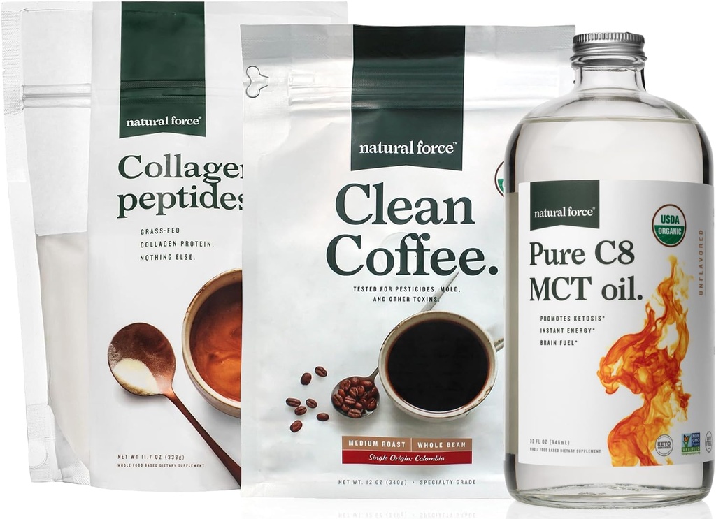Natural Force Organic Clean Coffee, Collagen Peptides och Pure C8 MCT Oil Bundle - Toxin Free Coffee, Grass Fed Collagen, & MCTs - Non-GMO, Keto och Paleo - 12 Oz, 11.7 Oz, 32 Oz